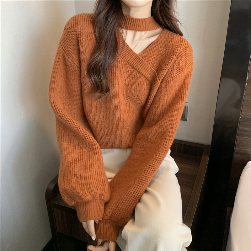 Knitted sweater with autumn and winter women's solid color new design sense niche V-neck red long sleeve sweater women's top