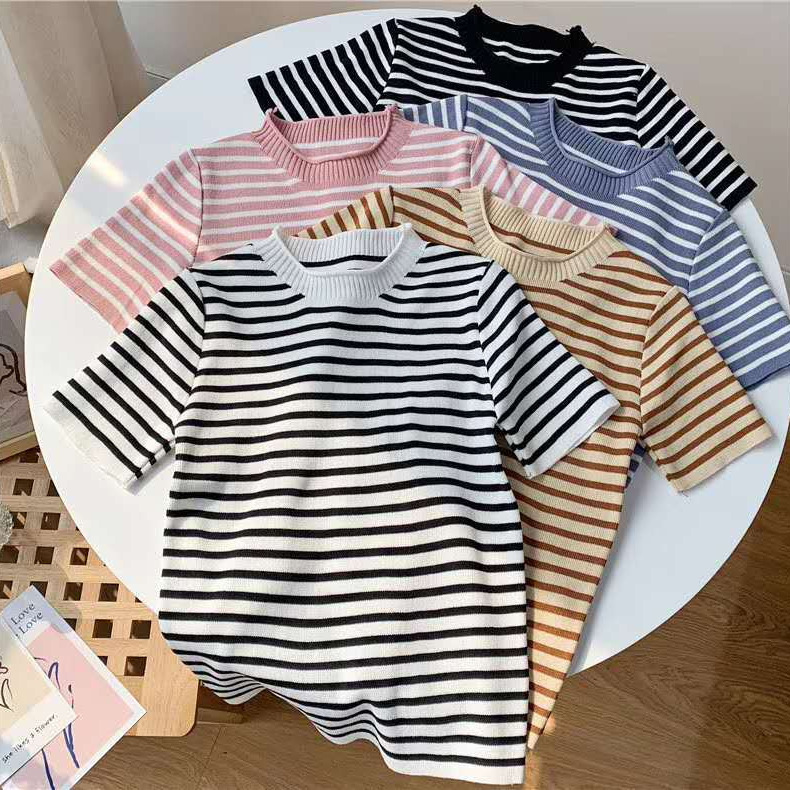 Spot Summer new Korean fashion striped fresh casual round collar ice silk knitted T-shirt short sleeve