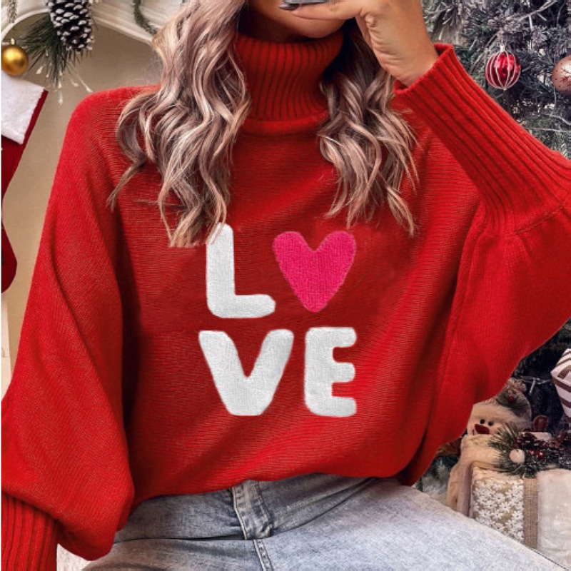 European and American Valentine's Day Turtleneck Women's Clothing Autumn and Winter Loose Bat Sleeve Outer Wear Knitted Top Women