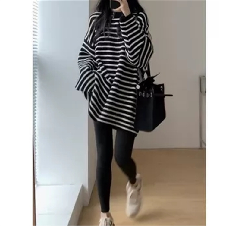 Autumn Korean-style Loose All-match Lazy Style Soft Waxy Mid-length Black and White Striped Sweater Women's Base Shirt Top for Women