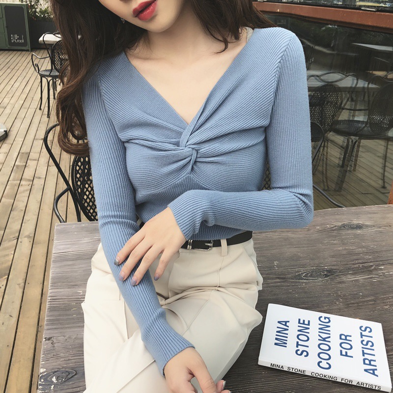 Autumn Vintage Hong Kong Style V-neck Crossover Knitwear Women's Low-cut Sexy Cautious Short Base Top