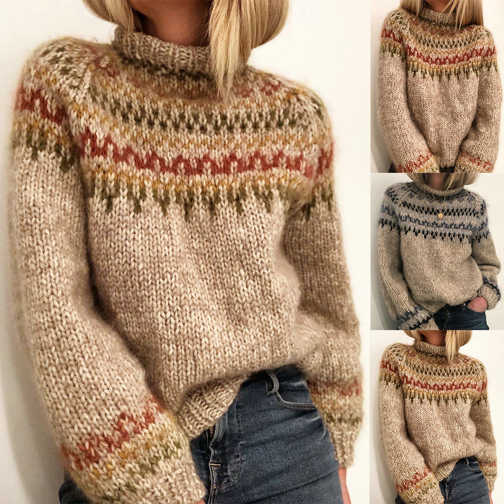 Women's Winter Sweater Half Turtleneck Pullover Straight Printed Neutral Style Sweater