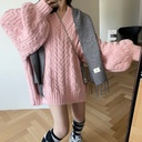 Solid Color V-neck Lantern Sleeve Lazy Thick Sweater Women's Autumn New Korean Loose Fashionable Top 23-58