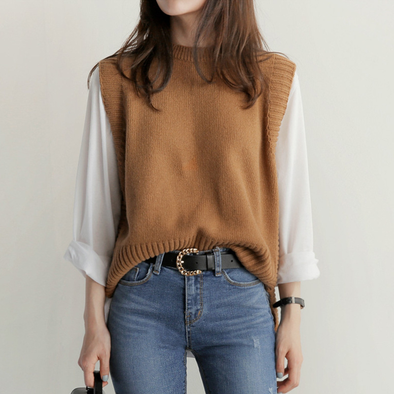 Korean New Large Size Loose Vest Women's Knitted Sweater Round Neck Base Solid Color Pullover Sleeveless Sweater Autumn and Winter