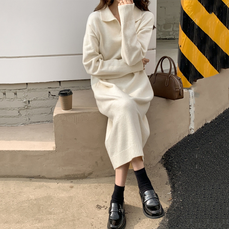 Autumn and Winter Dress Women's Korean-style Lapel Loose Mid-length Knitted Sweater Skirt Matching Coat Over-knee Long Dress