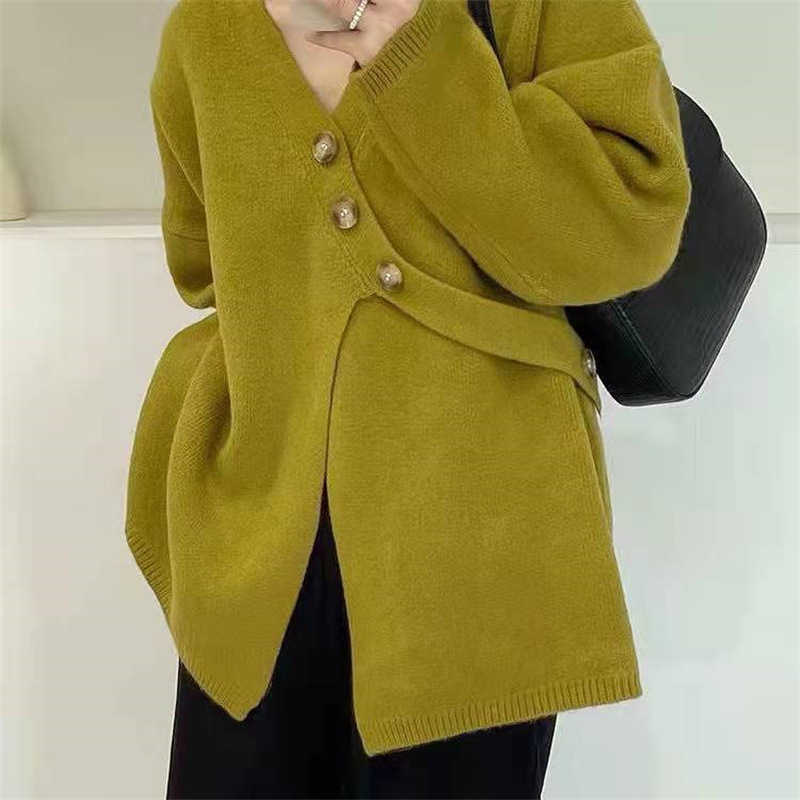 Sweater Women's Korean-style Oblique Button Frequent V-neck Coat Elegant Soft Waxy Loose Long-sleeved Thickened Knitted Cardigan Women's Coat