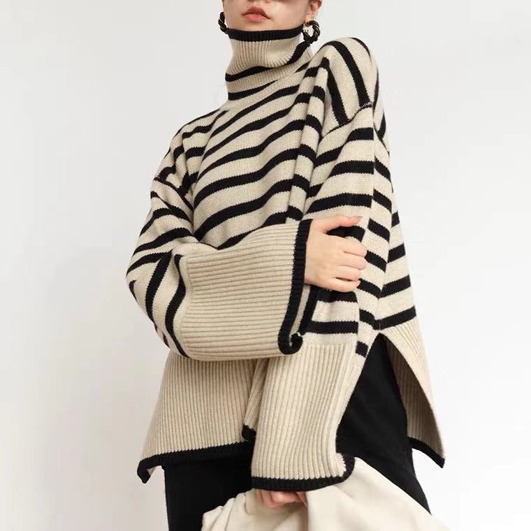 Split High Neck Sweater Striped Sweater Autumn and Winter New Loose Lazy Style Inner Long Sleeve Top Women's Clothing