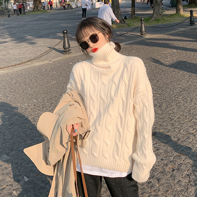 Autumn and Winter Lazy Style Korean Loose Lantern Sleeve Turtleneck Turtleneck Sweater Women's Knitted Base Shirt for Outer Wear