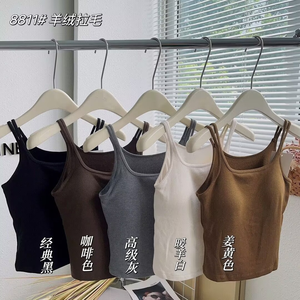 Autumn Women's Sling Vest with Chest Pad Skin-friendly Warm Sling Vest for Outer Wearing Fashionable Round Neck Solid Color Sling