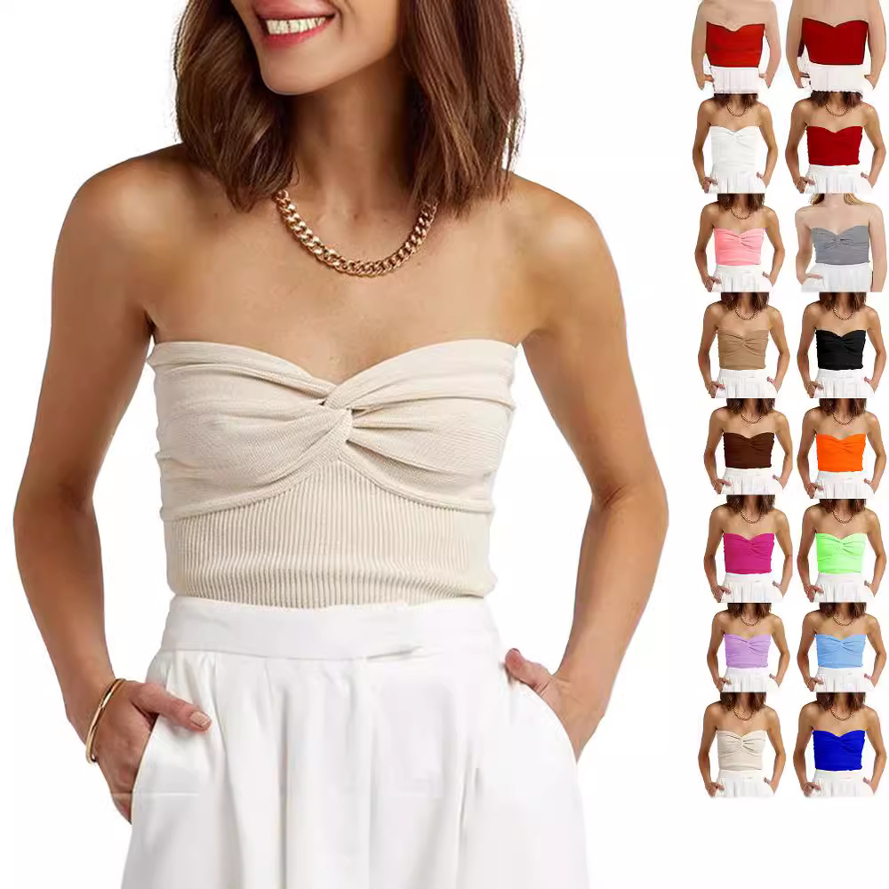 Spring and Summer Solid Color Twisted Sling Short Tight Backless Tube Top Sweater Women's Clothing