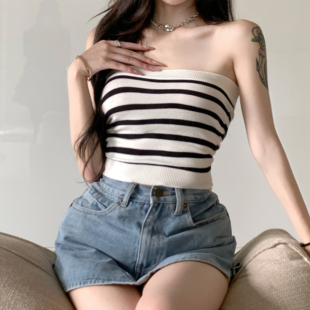 Striped Knitted Vest Women's Summer New Outfit Spice Girls Pure Desire Sleeveless Tube Top