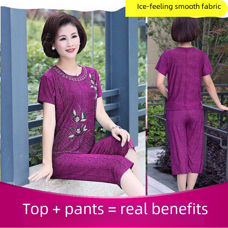 Factory Direct Mother Set New Summer Imitation Ice Silk Two-piece Set Middle-aged and Elderly Women's Large Summer Clothes