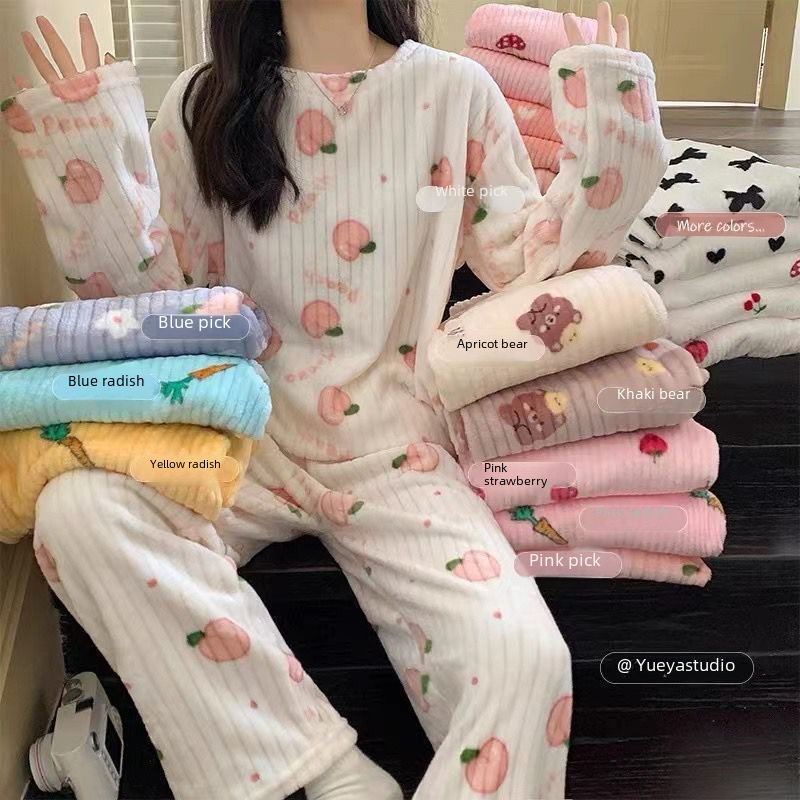 Cute Sweet Autumn and Winter Pajamas Women Can Wear Coral Fleece Warm Thickened Long Sleeve Home Suit