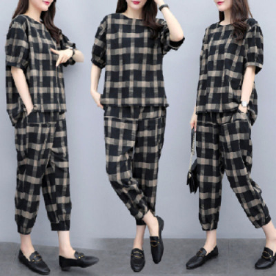 Southeast Asia New Large Size Casual Short-sleeved Two-piece Loose Trendy Plaid Suit Women's Wholesale