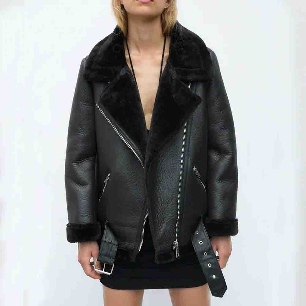 PB & ZA new motorcycle clothing fur one warm double-sided jacket coat women's 02969240800 296924