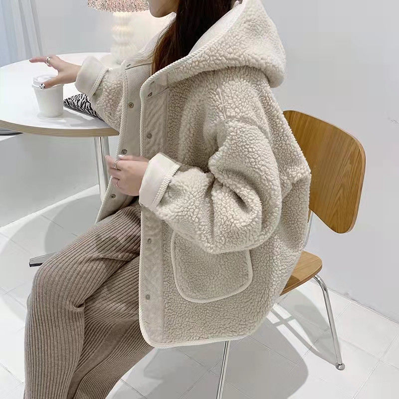 Hooded Lambskin Coat Women's Winter Outer Wear New Korean Loose Ins Lazy Thickened Top for Women
