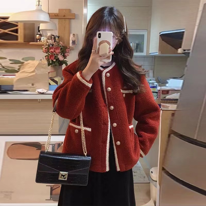 Red Chanel Style Lambswool Coat Women's Spring Autumn and Winter Thickened 2024 New Year High-end Short Top