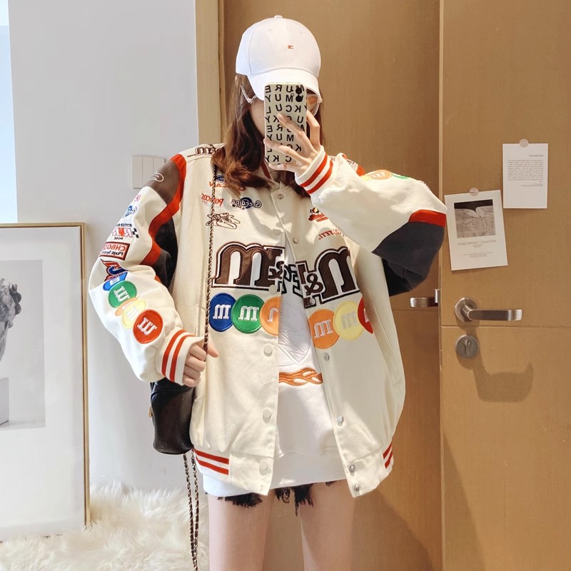 mm Bean Baseball Suit Men's and Women's Motorcycle Jacket ins Fashion Brand European Couple's New Embroidered vintage Jacket