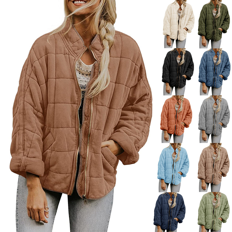solid color stand collar cotton-padded jacket coat European and American New loose pocket long sleeve jacket top women