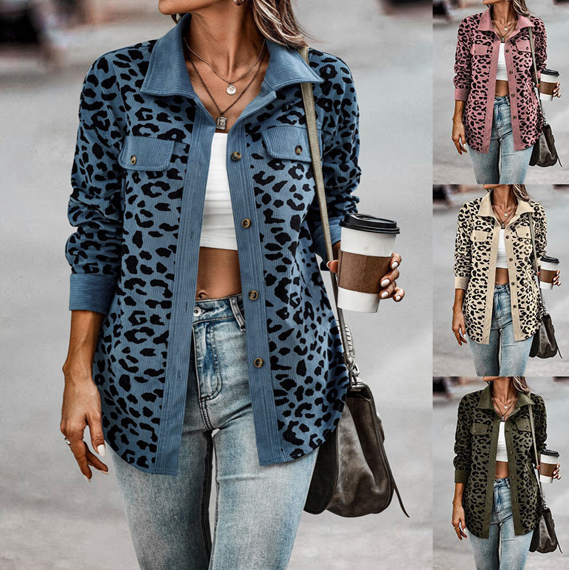 Women's Wear Autumn and Winter Fashion Leopard Print Button Long Sleeve Jacket Coat Women