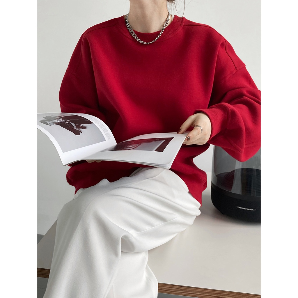 Luxi Autumn and Winter New Velvet Thickened Wine Red Sweatshirt Women's Korean Style Minimalist Long Sleeve Pullover Top 2628