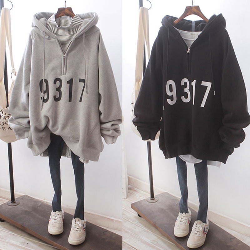 Autumn and Winter Korean Style ins Harajuku Style bf Loose Large Size Half Zipper Lined Velvet Thickened Hooded Sweater Jacket