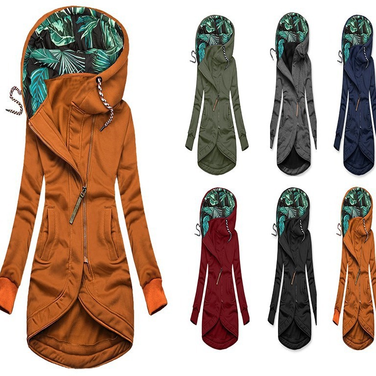 808# Women's Wear Zipper Solid Color Printed Hooded Long Sleeve Jacket
