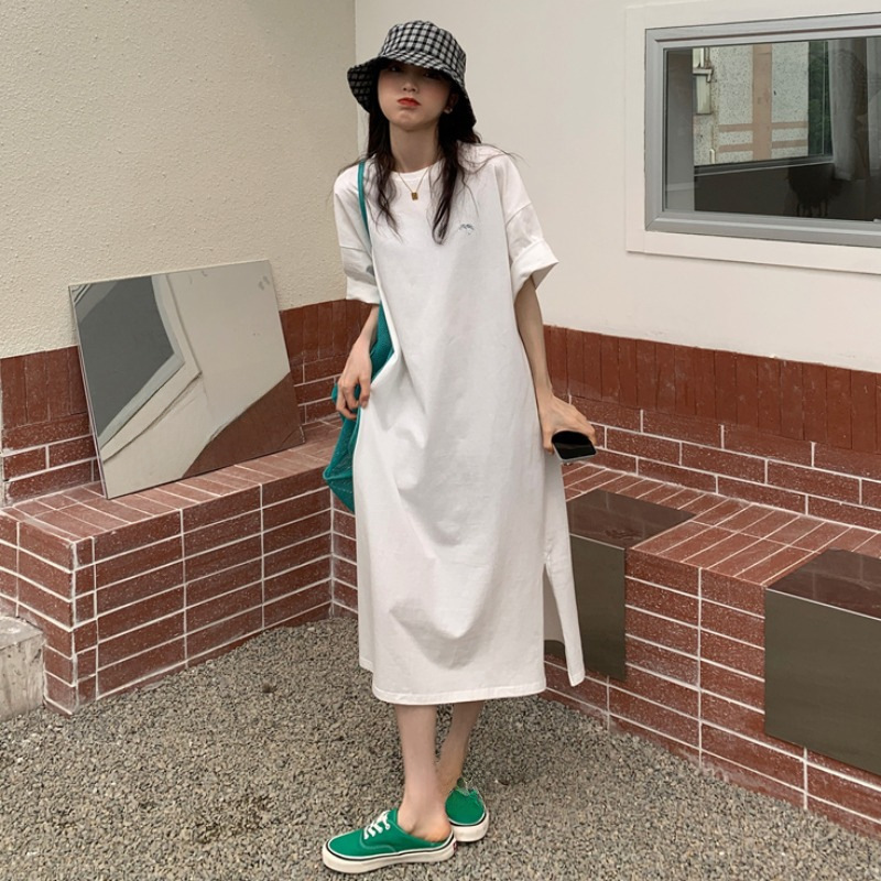 Summer Korean Style Large Size Women's Clothing Loose Split Over-knee T-shirt Dress Casual Simple Western-style Letter Print Dress
