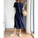 Cotton Linen Solid Color Large Size Dress Women's Summer New Loose Slimming Chubby Girls Japanese Style Mid-Length Dress for Women