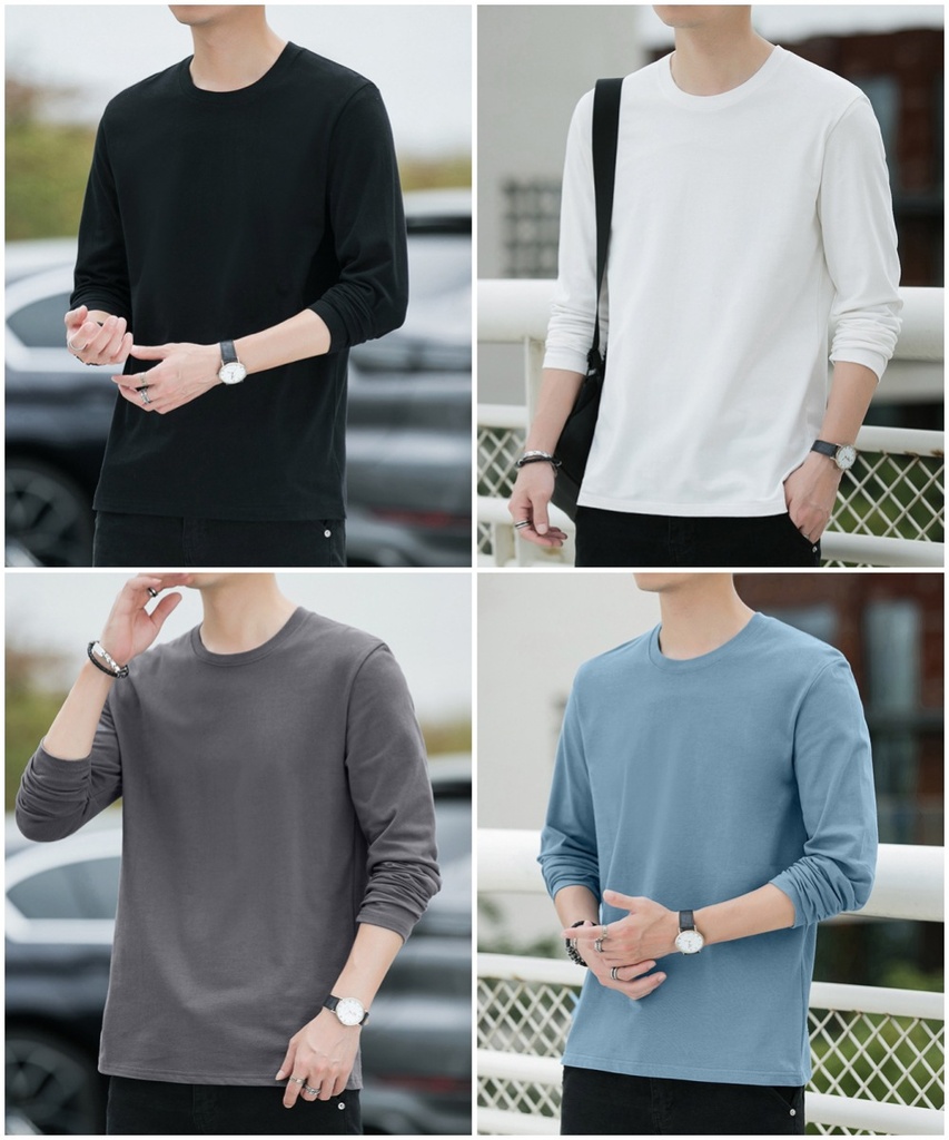Long-sleeved T-shirt Men's Pure Cotton Loose Solid Color Top Clothes Spring and Autumn Men's Crewneck Men's and Women's Same Style T-shirt Base Shirt