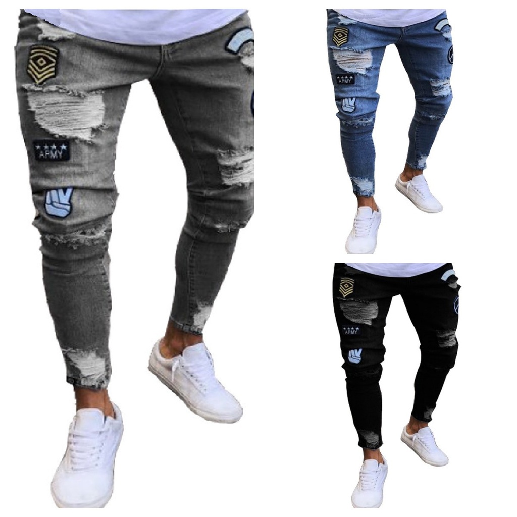 European and American Badge Embroidered Men's Jeans Knee Ripped Zipper Pencil Pants Large Size Denim Pants