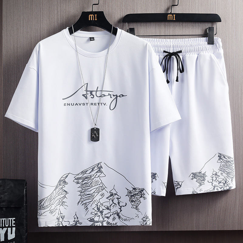 Short-sleeved T-shirt Set Men's Summer New Arrival Snow Mountain Print Fashion Korean Style Slim-fit Large Size Sports Two-piece Set