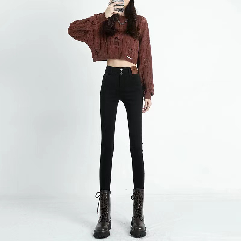 Black Jeans Women's Autumn and Winter New Fleece-lined Thickened Tight Pants High Waist Slim-fit All-match Pencil Skinny Pants