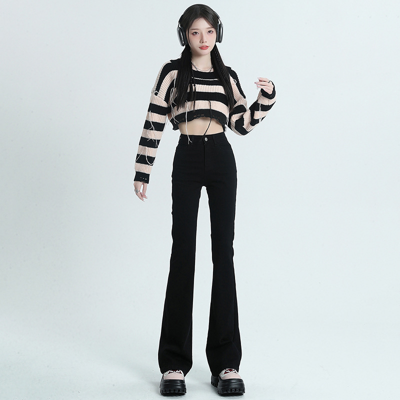 Black Micro-flare Jeans Women's Autumn and Winter New High Waist Elastic Tall Slim Look Small Horseshoe Pants