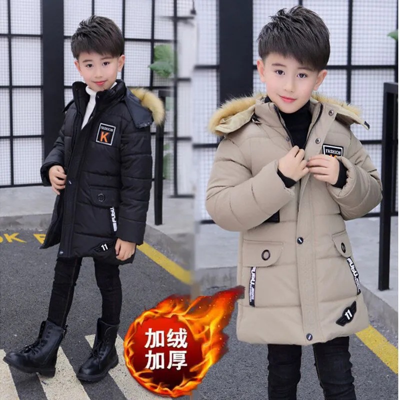 Boys' Winter Cotton-padded Coat Thickened Mid-length Boy's Cotton-padded Jacket fleece-lined Korean Style Middle and Big Children's Cotton-padded Jacket