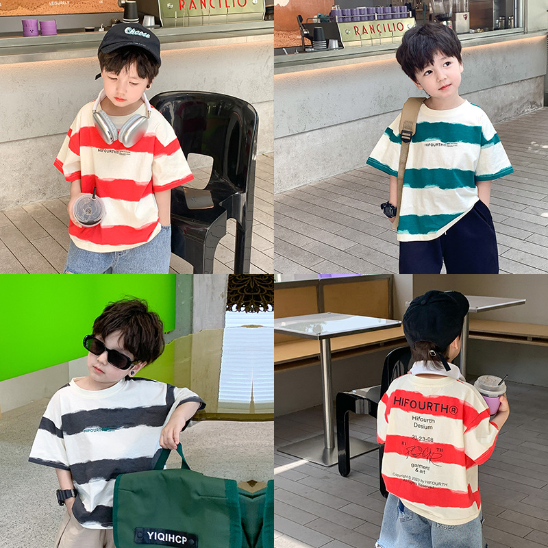 Children's Top Boys and Girls 2024 Summer Handsome Striped Short-sleeved T-shirt Baby's Letter Printed Loose Base Shirt