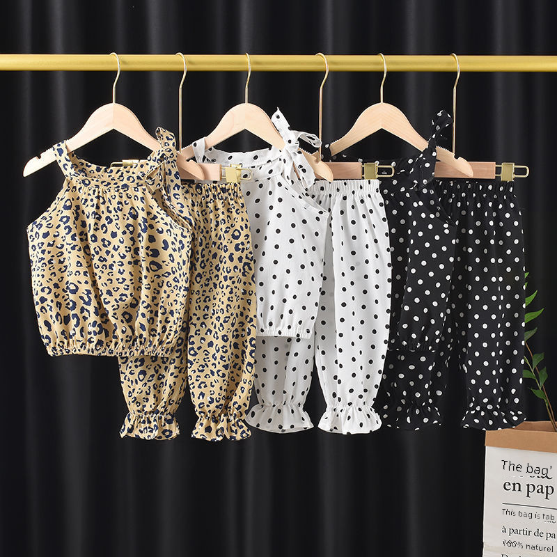 Girls' Sling Set Children's Summer Wear Korean Style Girls' Wave Dot Sling 2024 New Chiffon Set Baby Children's Wear