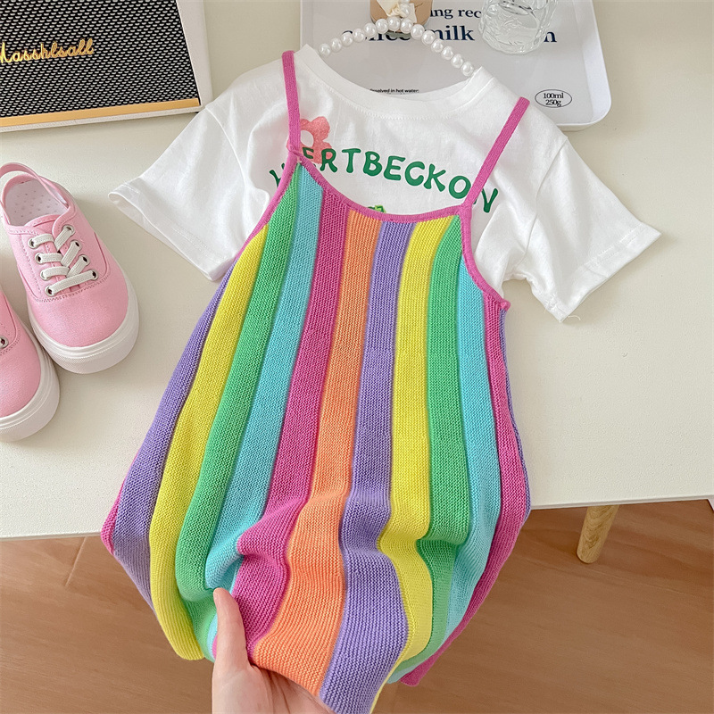 Korean Children's Wear Girl's Summer 2024 New Arrival Western Style Rainbow Pattern Slip Skirt Girl's Western Style T-Shirt Dress