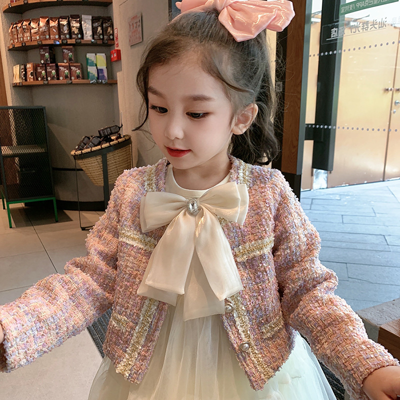 Spring and Autumn Girl's Chanel Style Coat Girl's Mesh Long-Sleeved Dress Bow Princess Dress Children's Two-Piece Set