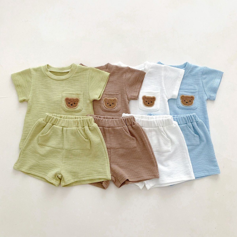 Summer Korean-style Short-sleeve Shorts Set for Boys and Girls Baby Waffles Bear Casual Thin Two-piece Set 24