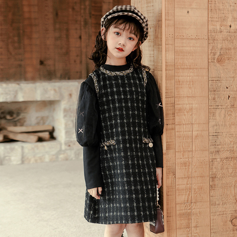 Children's clothing girls autumn houndstooth style elegant dress all over the Sky star mesh base shirt set