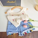 Ancorelala summer girls' cute flower knitted vest with tassel Denim shorts two-piece set