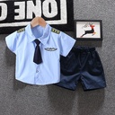 Pomelo Bear Brand Design Children's Suit Men's Children's Solid Color Tie Air Force Colonel's Short Sleeve Shorts Trendy Two-Piece Set