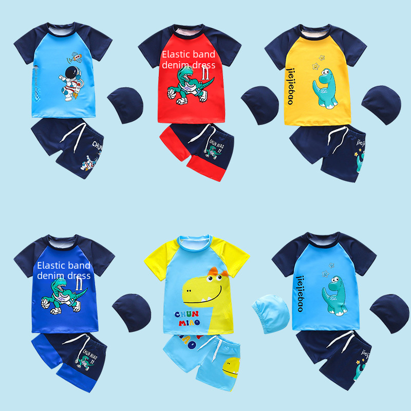 Children's swimsuit boys children's two-piece sun protection quick-drying swimsuit with swimming cap swimsuit cartoon boy swimming suit