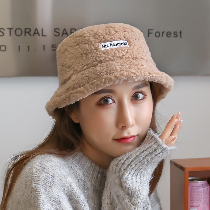Autumn and Winter Hat Lamb Wool Fisherman Hat Women's Japanese Style All-match New Winter Outdoor Warm Lamb Wool Letter Basin Hat