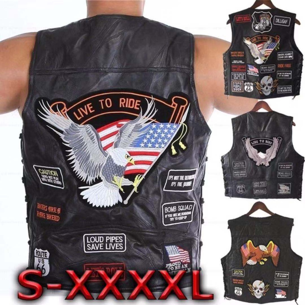 American super cool motorcycle riding vest leather vest men's leather waistcoat embroidered badge net version multiple waistcoat