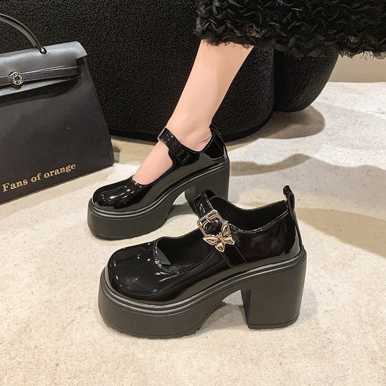 With skirt thick high heel loafers 2024 season new fashion Korean butterfly buckle thick bottom Mary Jane women's shoes
