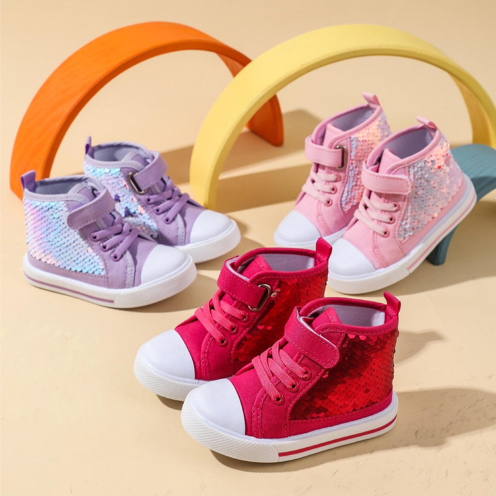 Children's Canvas Shoes Spring and Autumn High-top Trendy Girls Sequin Princess Shoes Casual Board Shoes Korean Style Student Children's Shoes