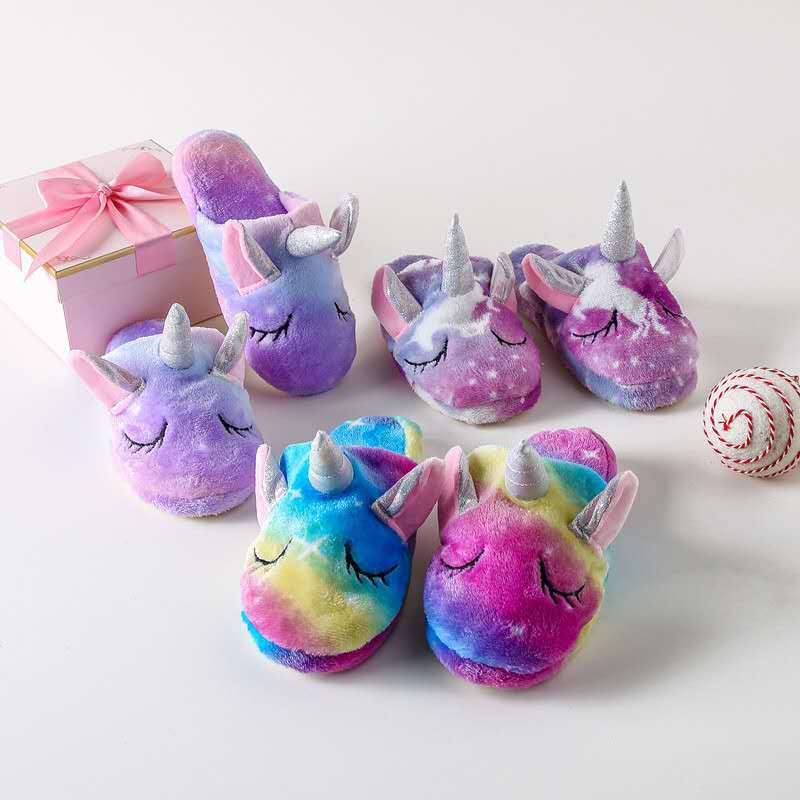 Cartoon Unicorn Pegasus Flannel Home Clothes Baby Slippers Mid-Big Kids Non-slip Cotton Slippers Indoor Autumn and Winter