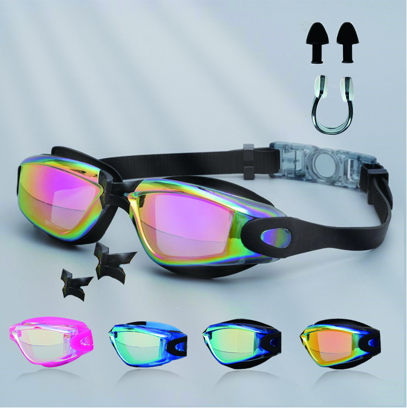 Adult goggles anti-fog Waterproof high-definition electroplating swimming glasses with nose clip earplugs explosions